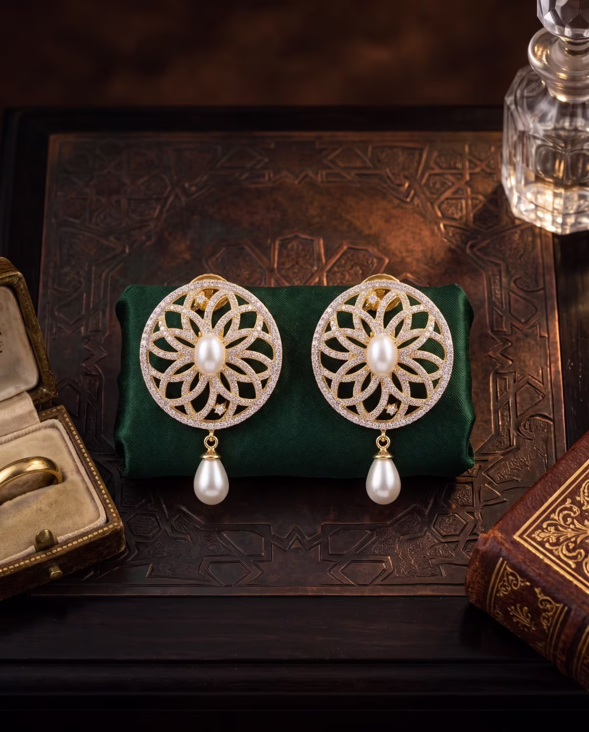 Circular Filigree Pearl Drop Earrings Real Pearl Gold Plated 925 Silver - View 3