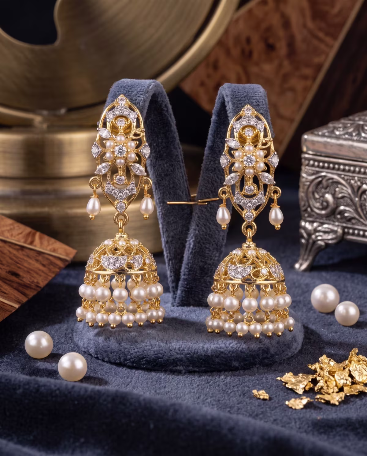 Cluster Drop Earrings Real Pearl Gold Plated 925 Silver - View 3