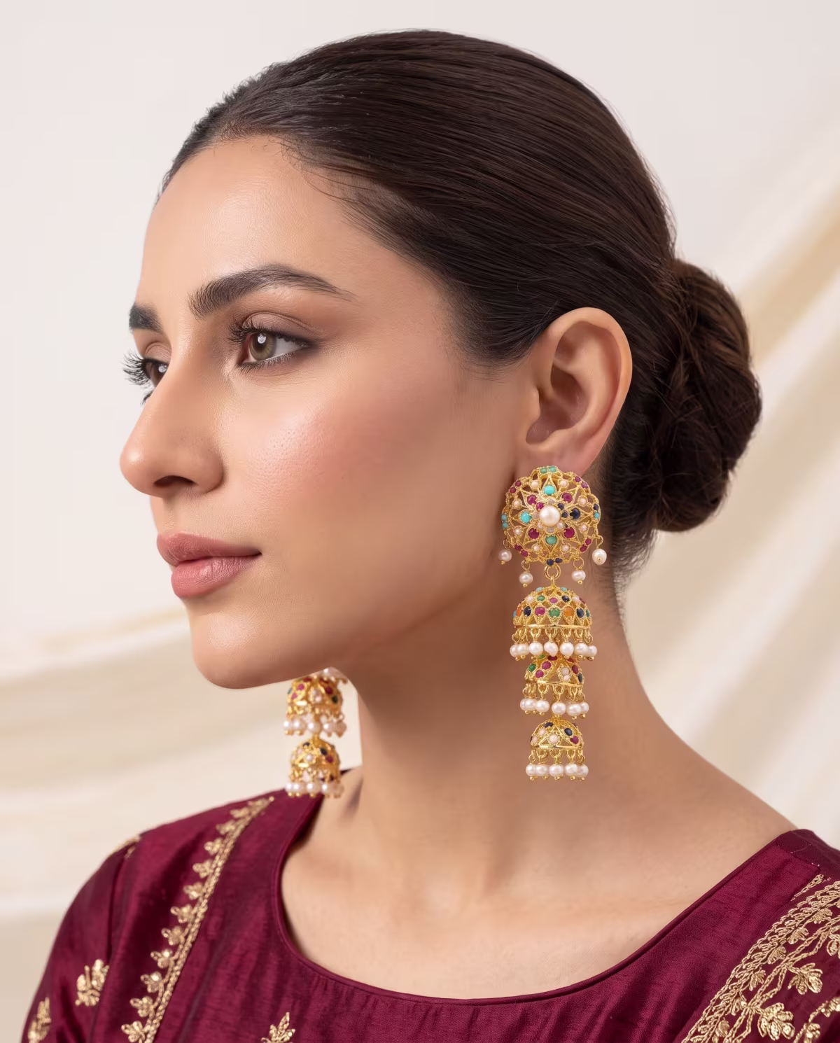 3-Tier Navratan Jhumka Earrings with Real Naurattan Drops Gold Plated 925 Silver - View 2