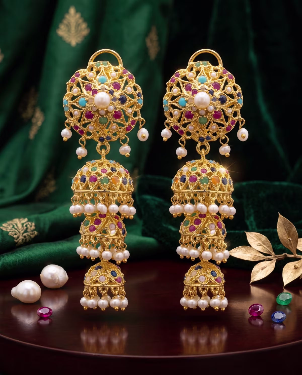 3-Tier Navratan Jhumka Earrings with Real Naurattan Drops Gold Plated 925 Silver - View 3