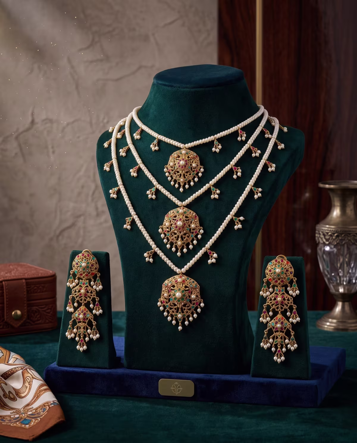 Heritage 3-Layer Real Pearl, Emerald & Ruby Droplet Necklace Gold Plated 925 Silver - View 3