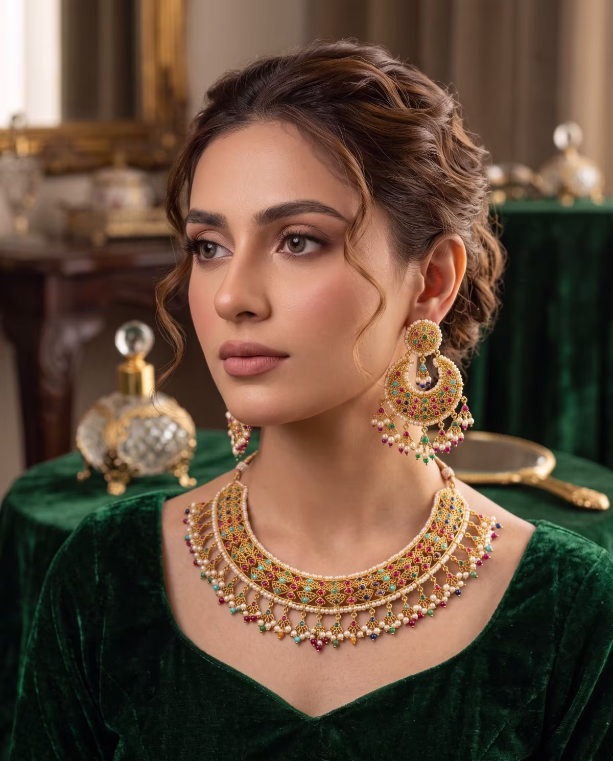 Regal Pearl & Stone Necklace Set Real Pearl, Naurattan, Gold Plated 925 Silver - View 2