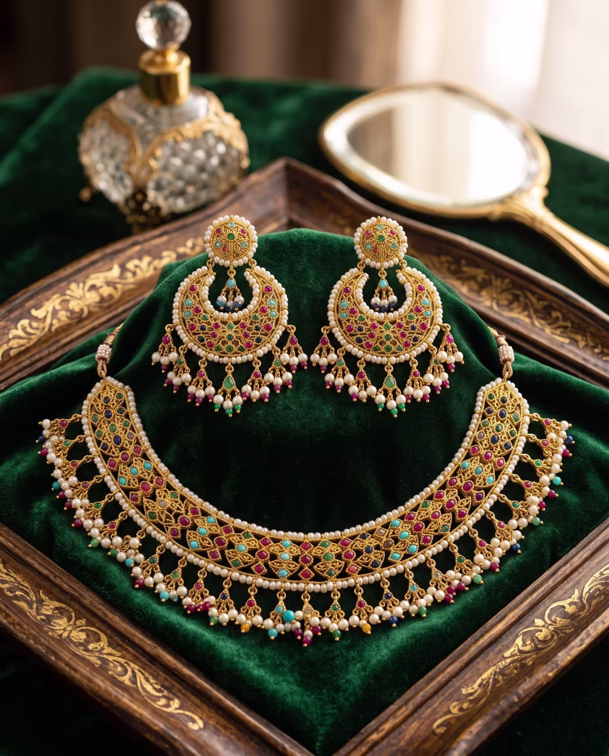 Regal Pearl & Stone Necklace Set Real Pearl, Naurattan, Gold Plated 925 Silver - View 3