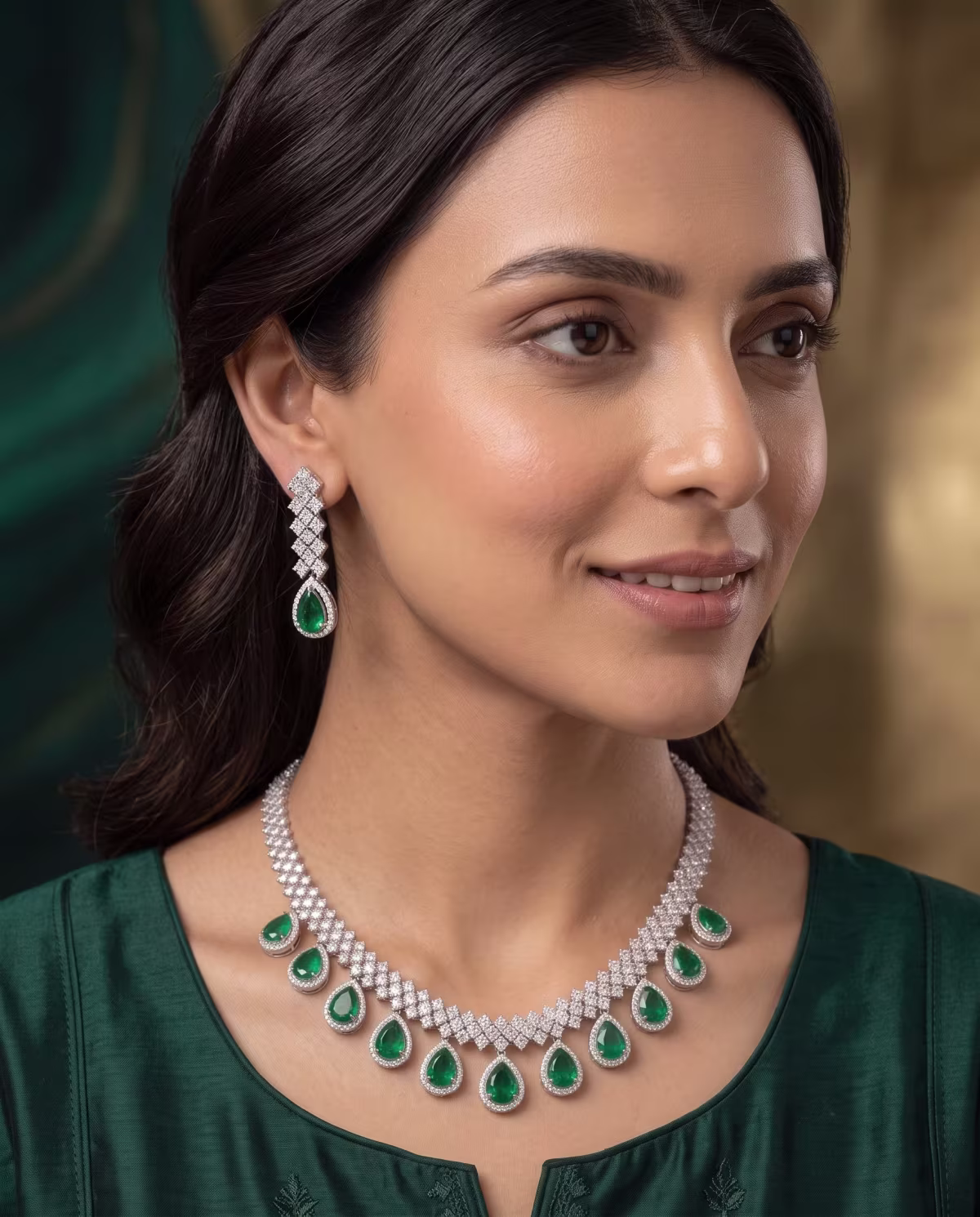 Lumina Emerald & Zircon Bridal Neckless Set Real Pearl Gold Plated 925 Silver - View 2