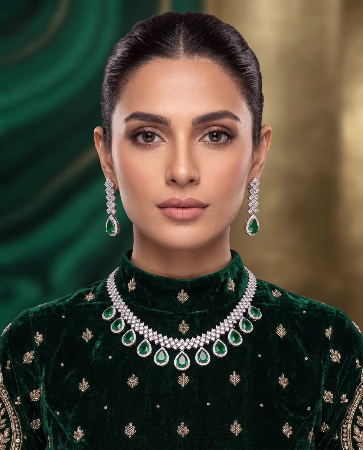 Lumina Emerald & Zircon Bridal Neckless Set Real Pearl Gold Plated 925 Silver - View 4