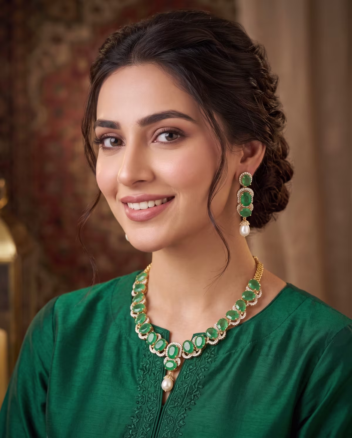 The Emerald Empress Necklace Set Real Pearl, Emerald & Zircon Gold Plated 925 Silver - View 2