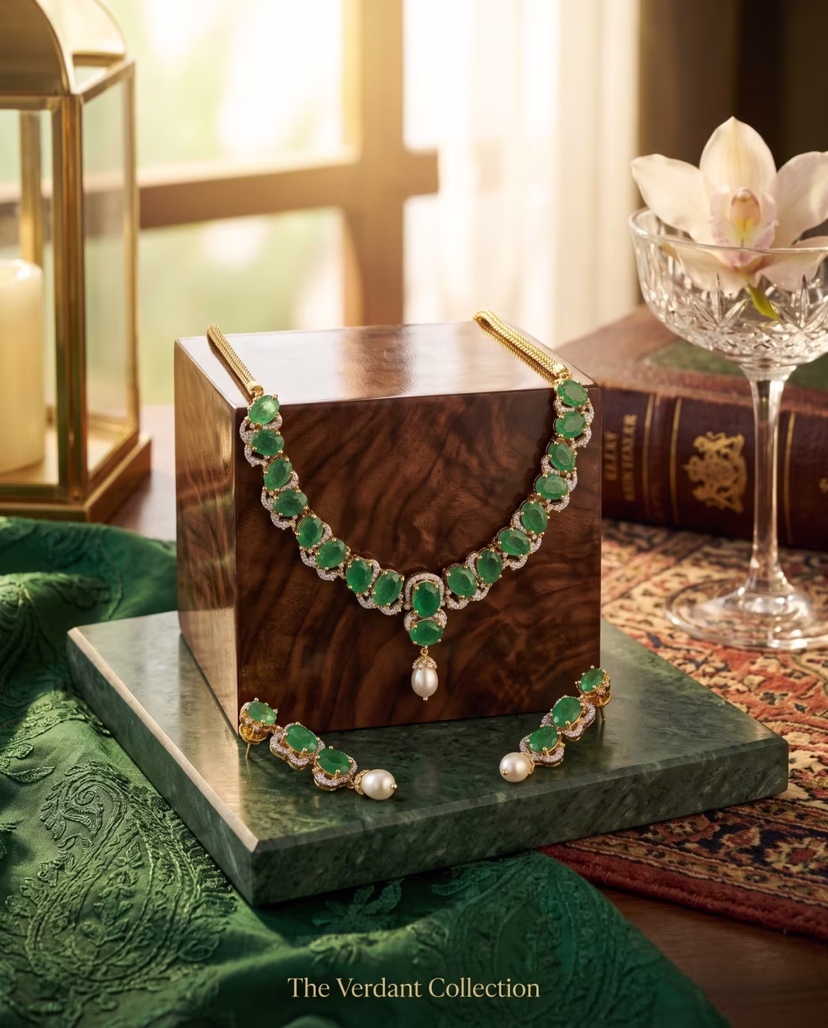 The Emerald Empress Necklace Set Real Pearl, Emerald & Zircon Gold Plated 925 Silver - View 3