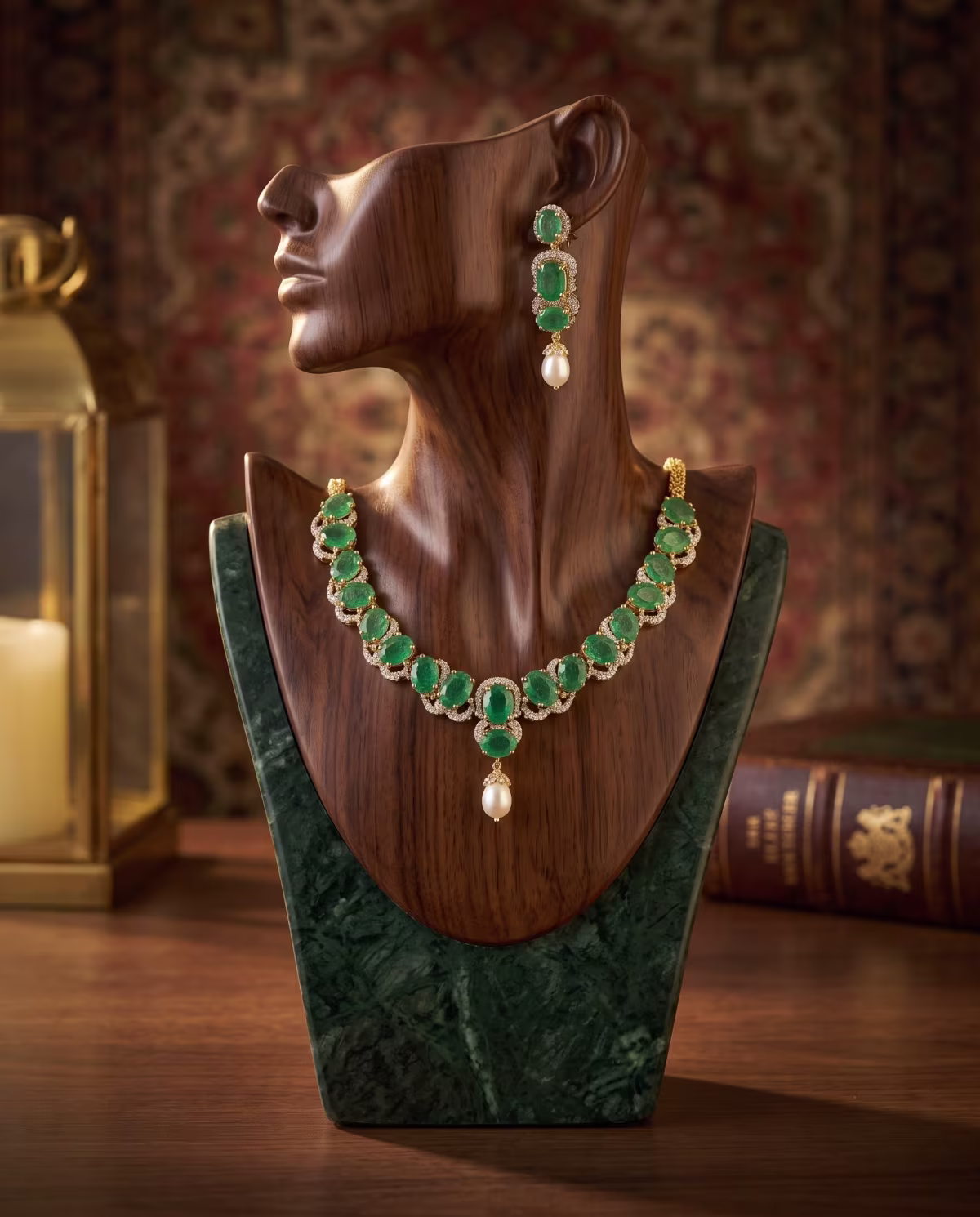 The Emerald Empress Necklace Set Real Pearl, Emerald & Zircon Gold Plated 925 Silver - View 4