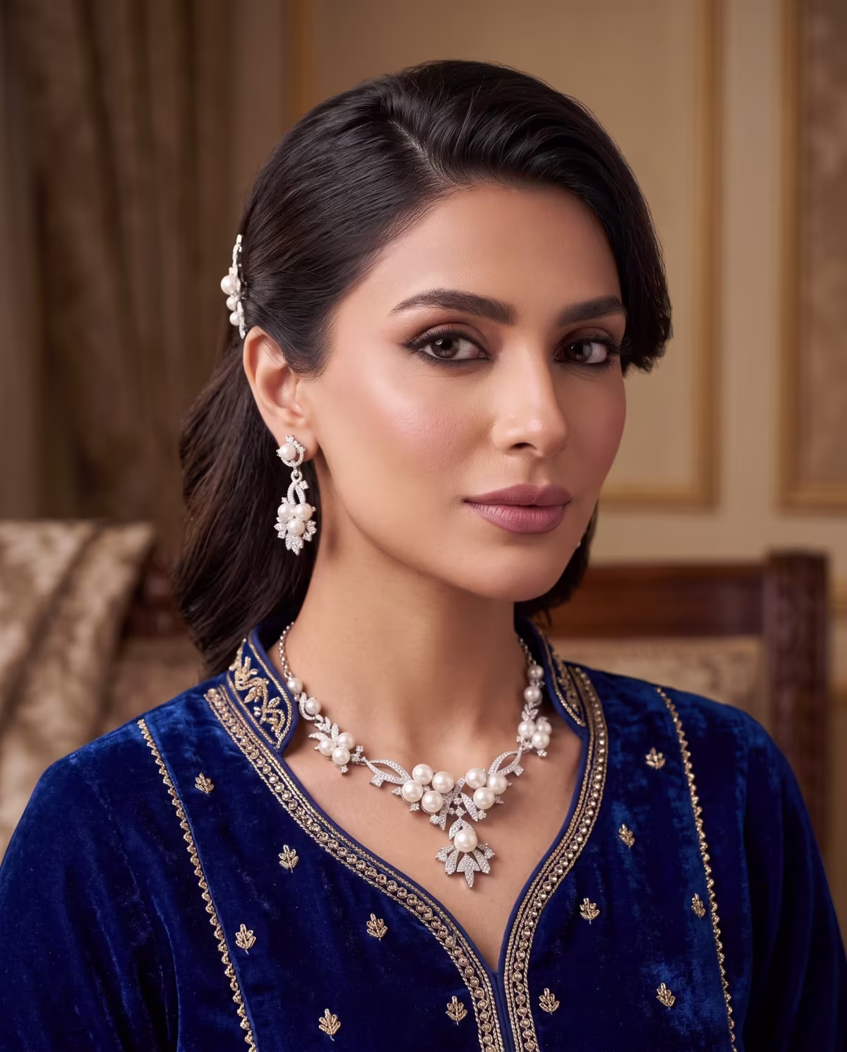 Silver Floral Pearl Necklace Set with Matching Drop Earrings Gold Plated 925 Silver - View 2