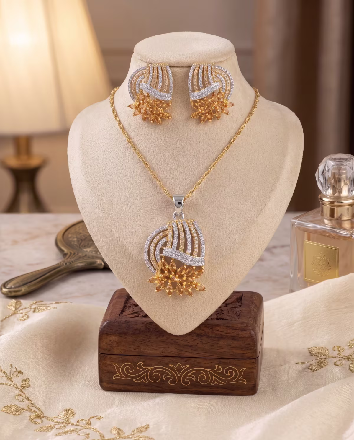 Two-Tone Floral Curve Pendant Locket Set Gold Plated 925 Silver - View 3
