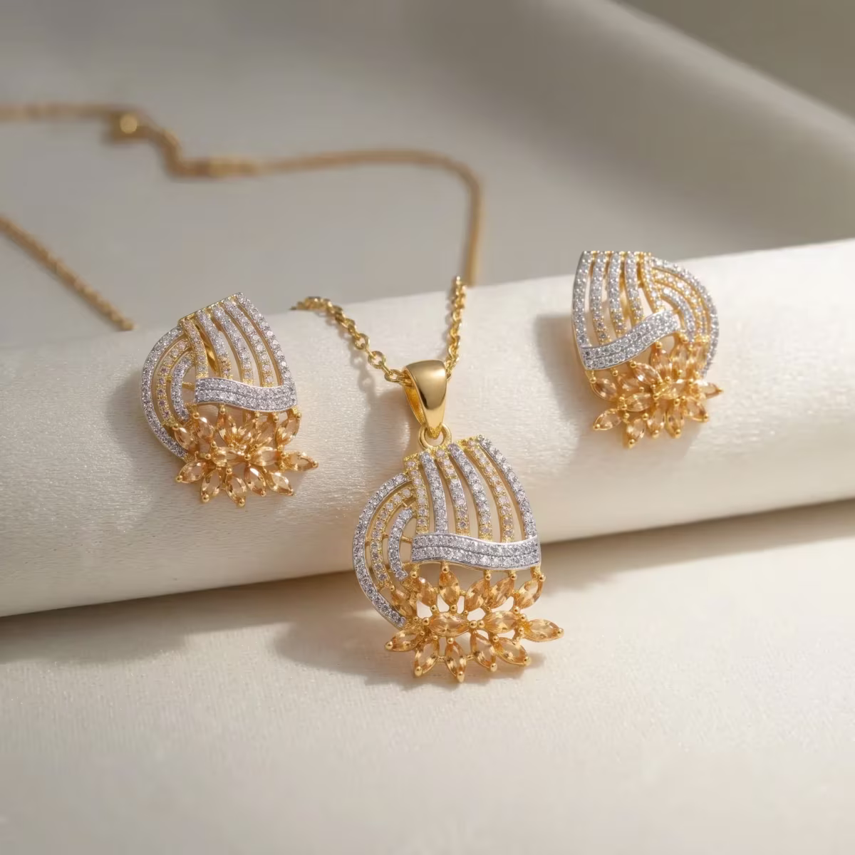 Two-Tone Floral Curve Pendant Locket Set Gold Plated 925 Silver - View 1