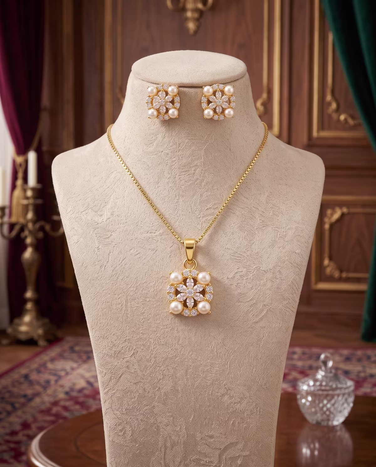 Floral Pearl Cluster Pendant Locket Set Gold Plated 925 Silver - View 3