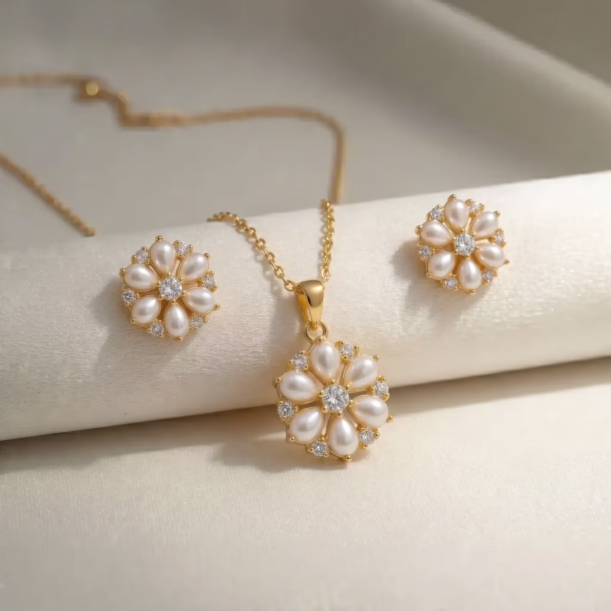 Floral Pearl Cluster Pendant Locket Set Gold Plated 925 Silver - View 1