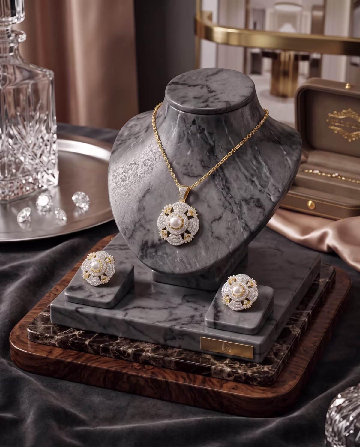 Royal Pearl Halo Floral Pendant Locket Set Gold Plated 925 Silver - View 3