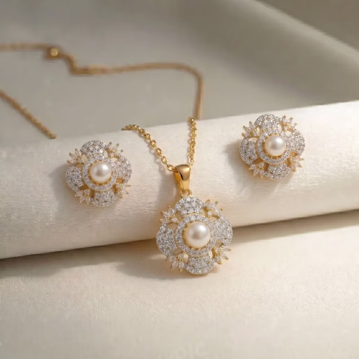 Royal Pearl Halo Floral Pendant Locket Set Gold Plated 925 Silver - View 1