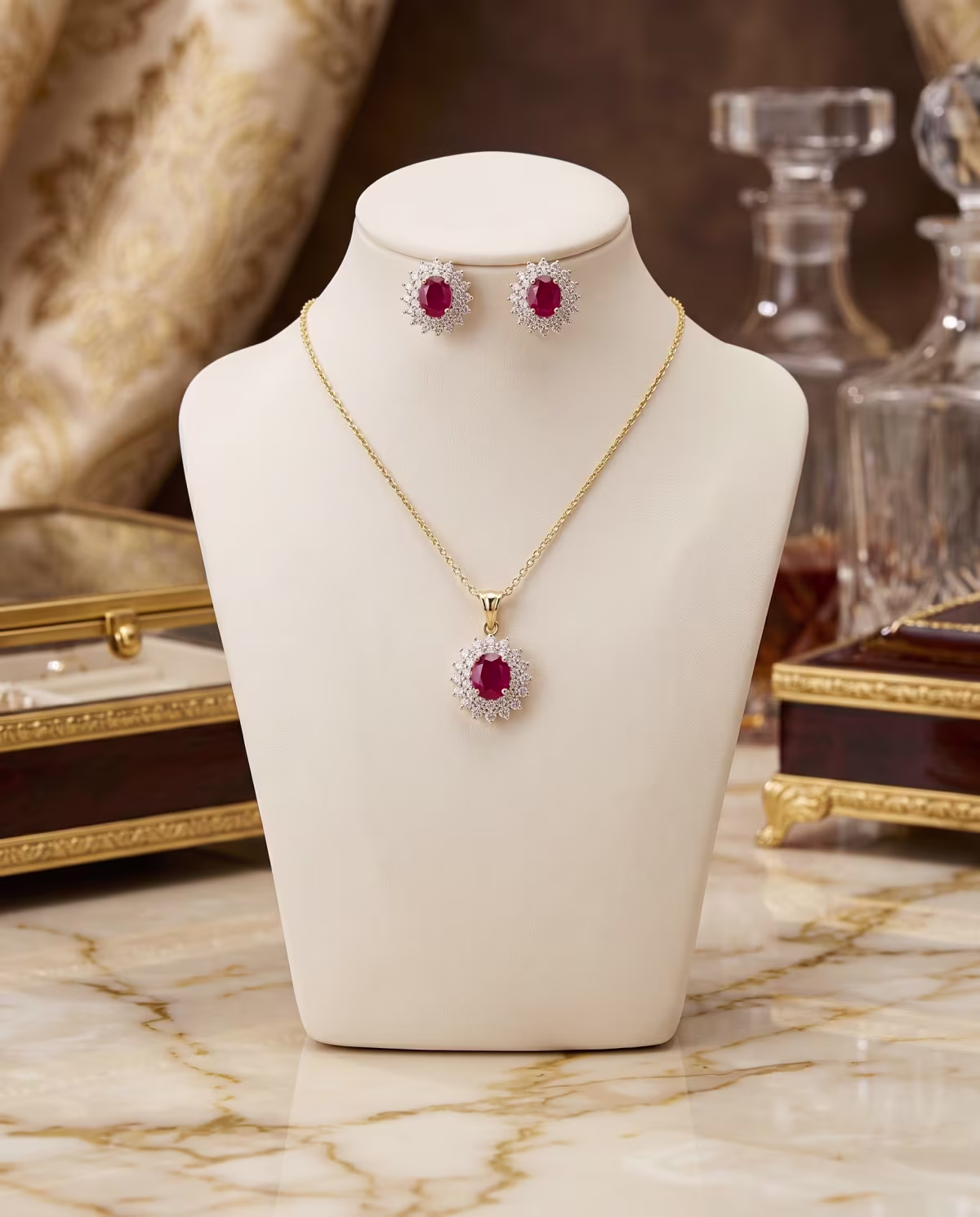 Classic Royal Ruby Oval Halo Pendant Locket Set Gold Plated 925 Silver - View 3