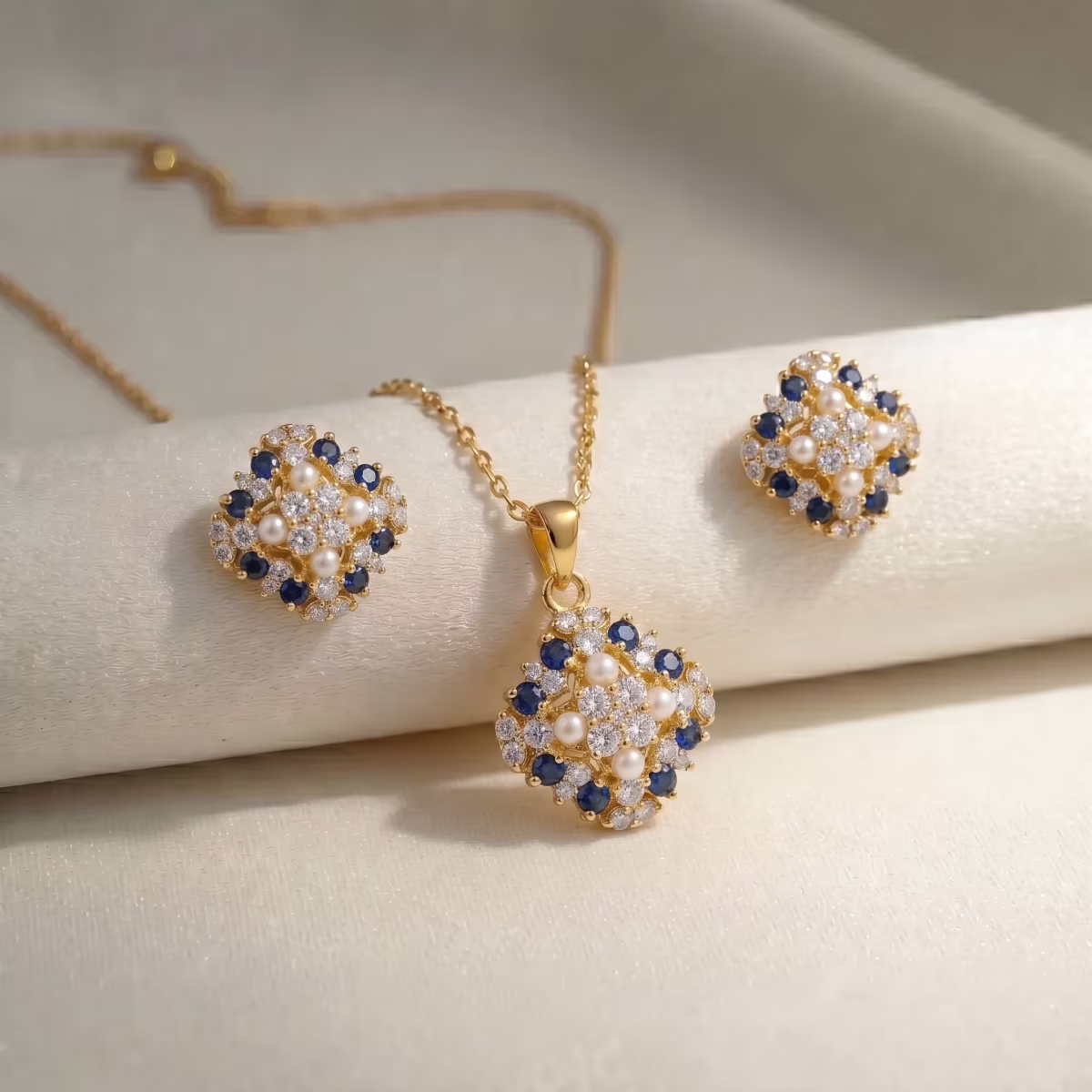 Royal Blue Sapphire & Pearl Floral Diamond Pendant Locket Set Gold Plated 925 Silver - View 1
