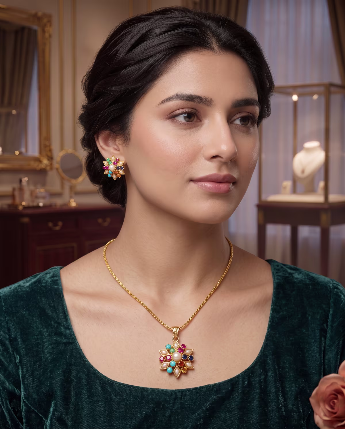 Royal Navratan Multicolor Gemstone Floral Pendant Locket Set Gold Plated 925 Silver - View 2
