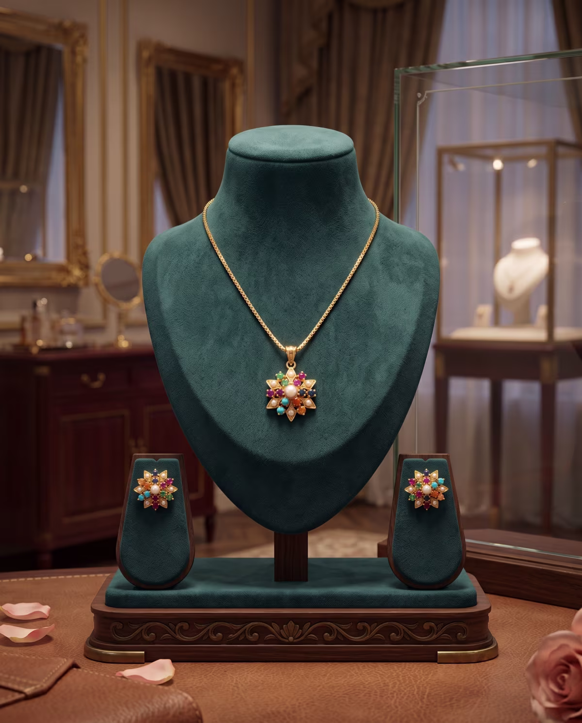 Royal Navratan Multicolor Gemstone Floral Pendant Locket Set Gold Plated 925 Silver - View 3