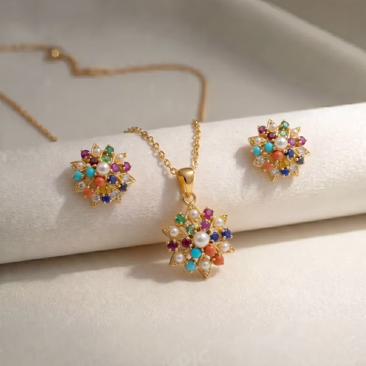 Royal Navratan Multicolor Gemstone Floral Pendant Locket Set Gold Plated 925 Silver - View 1