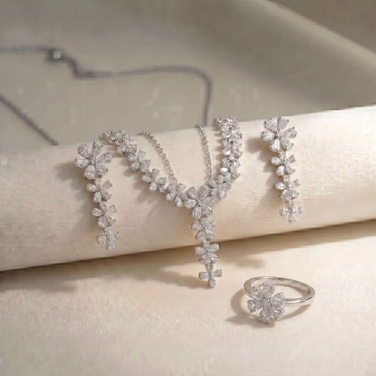 Silver Floral Pearl Necklace Set with Matching Drop Earrings Gold Plated 925 Silver - View 1