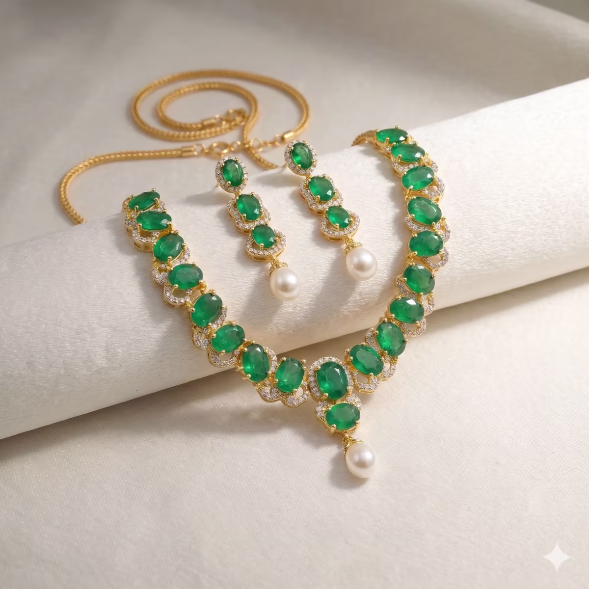The Emerald Empress Necklace Set Real Pearl, Emerald & Zircon Gold Plated 925 Silver - View 1