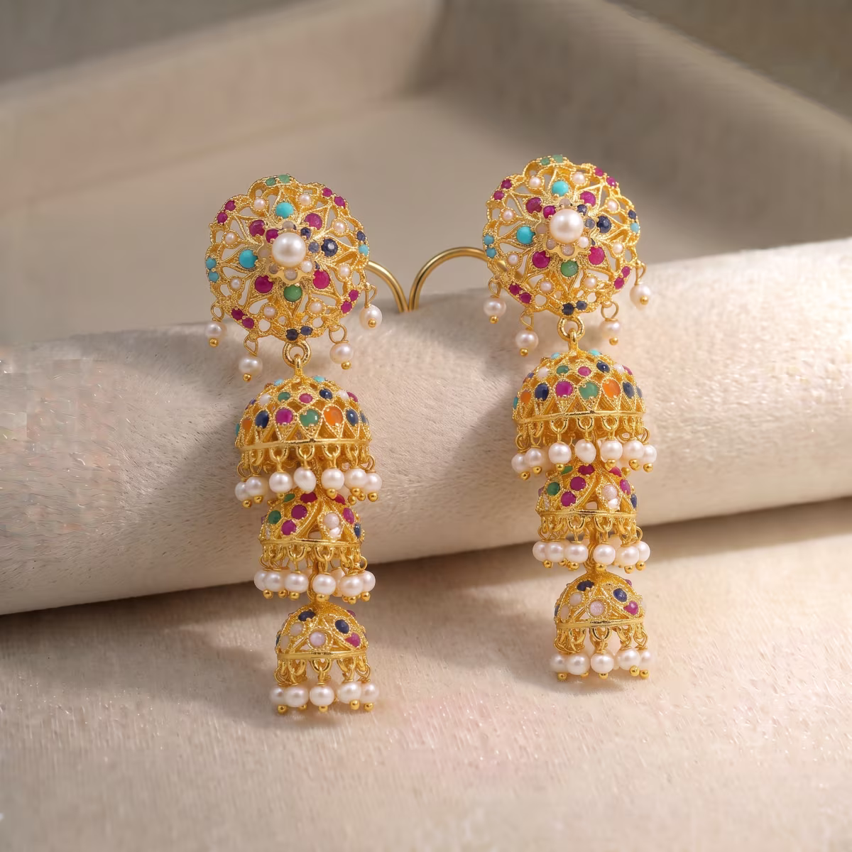 3-Tier Navratan Jhumka Earrings with Real Naurattan Drops Gold Plated 925 Silver - View 1